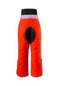 Heldere oranje skibroek met zwarte accenten, elastische tailleband en paarse riem. Heeft versterkte kniestukken en ritszakken aan de zijkanten.