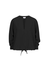 Schwarzer Pullover mit rundem Ausschnitt, vorderer Schlüsselchenöffnung, langen Ärmeln und verstellbarem Kordelzug am Saum. Glatte Stofftextur.