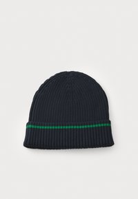 Navy knit beanie with a ribbed texture and a folded cuff featuring a green stripe pattern. Simple, unembellished design.