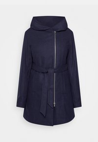 Cappotto blu navy con grande cappuccio, zip frontale, maniche lunghe, cintura annodata in vita e due tasche laterali, realizzato in tessuto morbido.