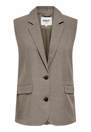 Blazer entallado sin mangas de color marrón claro con dos botones delanteros, solapas con muesca, bolsillos con solapa y una etiqueta interior que dice "ONLY tailoring."