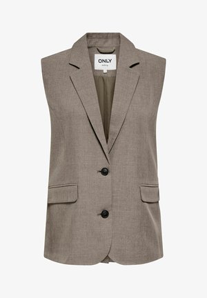 Blazer entallado sin mangas de color marrón claro con dos botones delanteros, solapas con muesca, bolsillos con solapa y una etiqueta interior que dice "ONLY tailoring."