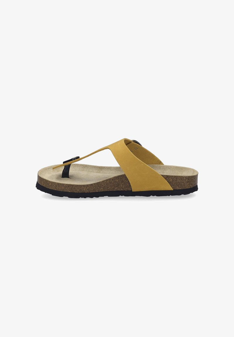 Brązowe sandały z korkową wkładką, z żółtym skórzanym paskiem z czarnym akcentem. Klapki w stylu flip-flop z teksturowaną wkładką i gumową podeszwą.