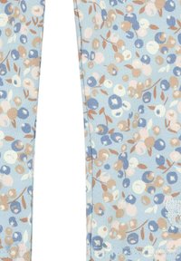 Lichtblauwe leggings met een bloemenpatroon, gekenmerkt door roze, beige en blauwe cirkels, aangevuld met bruine bladeren en een gestructureerd detail.