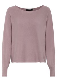 Pull-over léger mauve avec des manches longues, un col bateau, des poignets côtelés et une texture lisse. Design simple et décontracté.