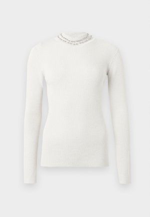 White ribbed long-sleeve sweater with a high neck, featuring a decorative beaded collar and a fitted silhouette. Soft texture.