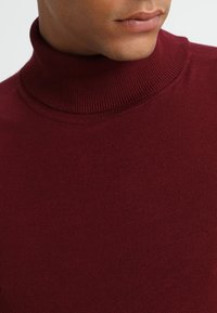 Maglione a collo alto bordeaux con scollo a costine, realizzato in tessuto morbido, caratterizzato da una superficie liscia e una vestibilità aderente.