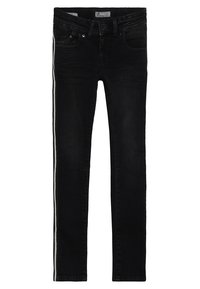 Černé slim-fit džíny s bílými bočními pruhy a předními kapsami, s knoflíkovým a zipovým zapínáním.