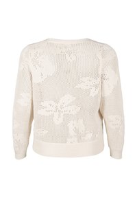 Gräddfärgad tröja med en texturerad stickad mönster, som har blommiga mönster. Långa ärmar och rund halsringning. Öppen vävstruktur.