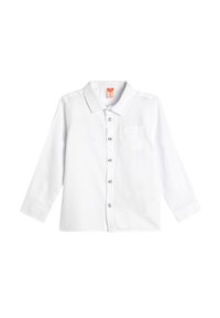 Biała longsleeve koszula z lekkiego materiału, z wywiniętym kołnierzykiem, z przodu na guziki oraz z kieszonką na piersi.