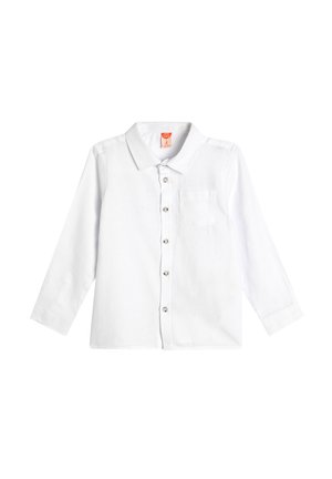 Biała longsleeve koszula z lekkiego materiału, z wywiniętym kołnierzykiem, z przodu na guziki oraz z kieszonką na piersi.