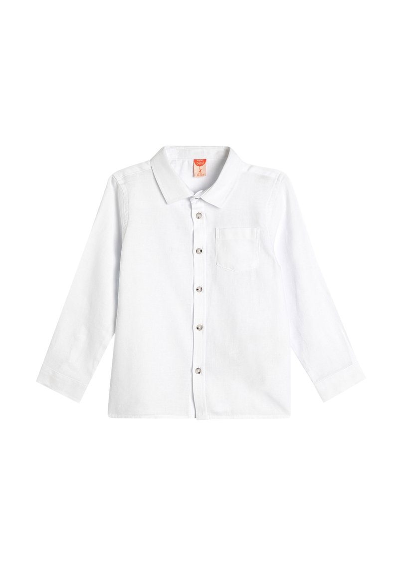 Biała longsleeve koszula z lekkiego materiału, z wywiniętym kołnierzykiem, z przodu na guziki oraz z kieszonką na piersi.