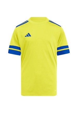 Leuchtend gelbes Sportshirt mit kurzen Ärmeln und blauen Streifen an den Schultern und Ärmeln sowie blauem Adidas-Logo auf der Brust.