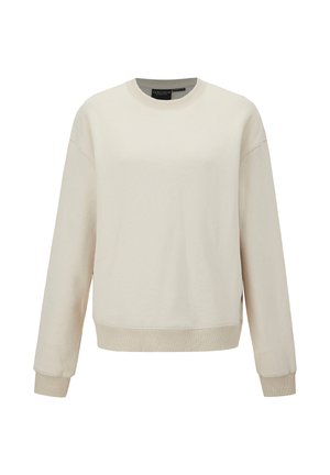 Lysebeige sweatshirt med rund hals, faldende skuldre, ribstrikkede manchetter og kant. Fremstillet af blødt stof med en glat tekstur.
