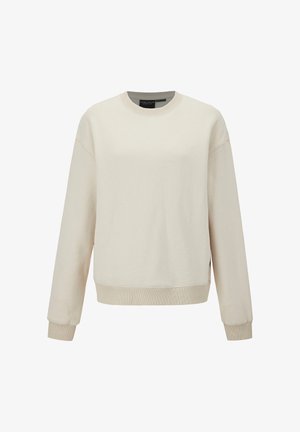 Lysebeige sweatshirt med rund hals, faldende skuldre, ribstrikkede manchetter og kant. Fremstillet af blødt stof med en glat tekstur.