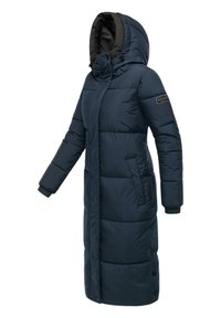 Mørkeblå lang dunjakke med hætte, udstyret med lynlås, elastiske manchetter og sidelommer, fremstillet af kviltet, vandafvisende materiale.