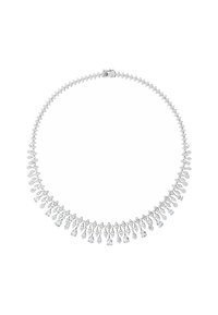 Necklace with a silver tone, featuring a series of pear-shaped crystal accents arranged in a graduated pattern along a delicate chain.