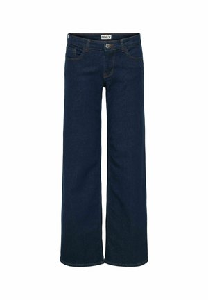 Jean denim bleu foncé à jambes larges, avec bouton sur le devant et poches, présenté sur un fond blanc uni.