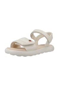 Sandalias blancas con dos correas ajustables de Velcro, una suela acolchada y un acento de estrella en la parte frontal. Diseño ligero con un acabado suave.