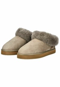 Beige suede slippers with gray fur lining at the cuff, round toe, soft texture, and a flat rubber sole for comfort.