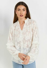 Blusa bianca e trasparente con motivi floreali ricamati, bordi volant e colletto alla cinese. Maniche lunghe con polsini arricciati.