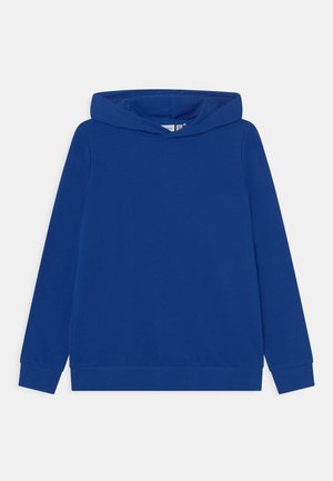 Solid blå langærmet hættetrøje med ribstrikkede manchetter og kant, vist fladt på en lys baggrund.