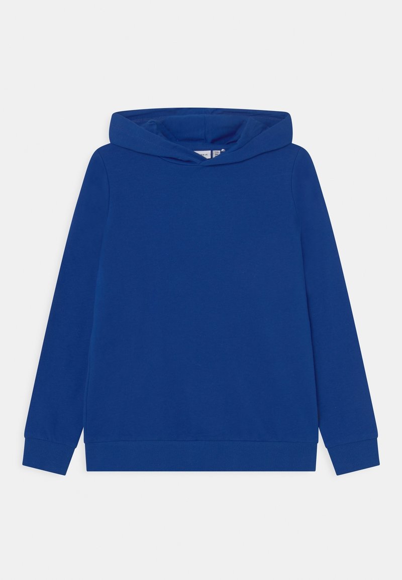 Sweat à capuche bleu uni à manches longues avec poignets et ourlet côtelés, présenté à plat sur un fond clair.