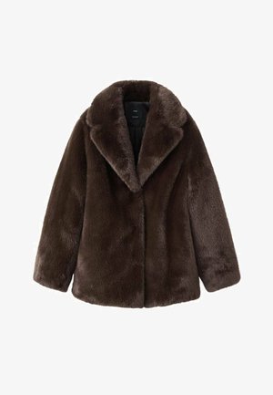 Manteau en fausse fourrure marron avec un large revers, une texture douce et des manches longues. Doté d'une fermeture à boutons cachés et d'une silhouette décontractée.