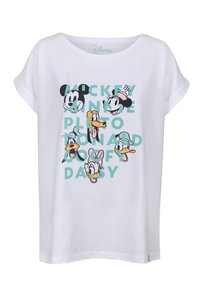 Hvid bomulds t-shirt med korte ærmer, der har trykte tegneserieansigtter af Mickey, Minnie, Pluto, Donald, Goofy og Daisy, samt farverig tekst.