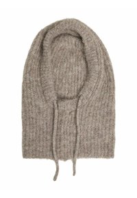 Knit wool hood in a soft, light brown color with a ribbed texture and drawstrings at the front for adjustable fit.