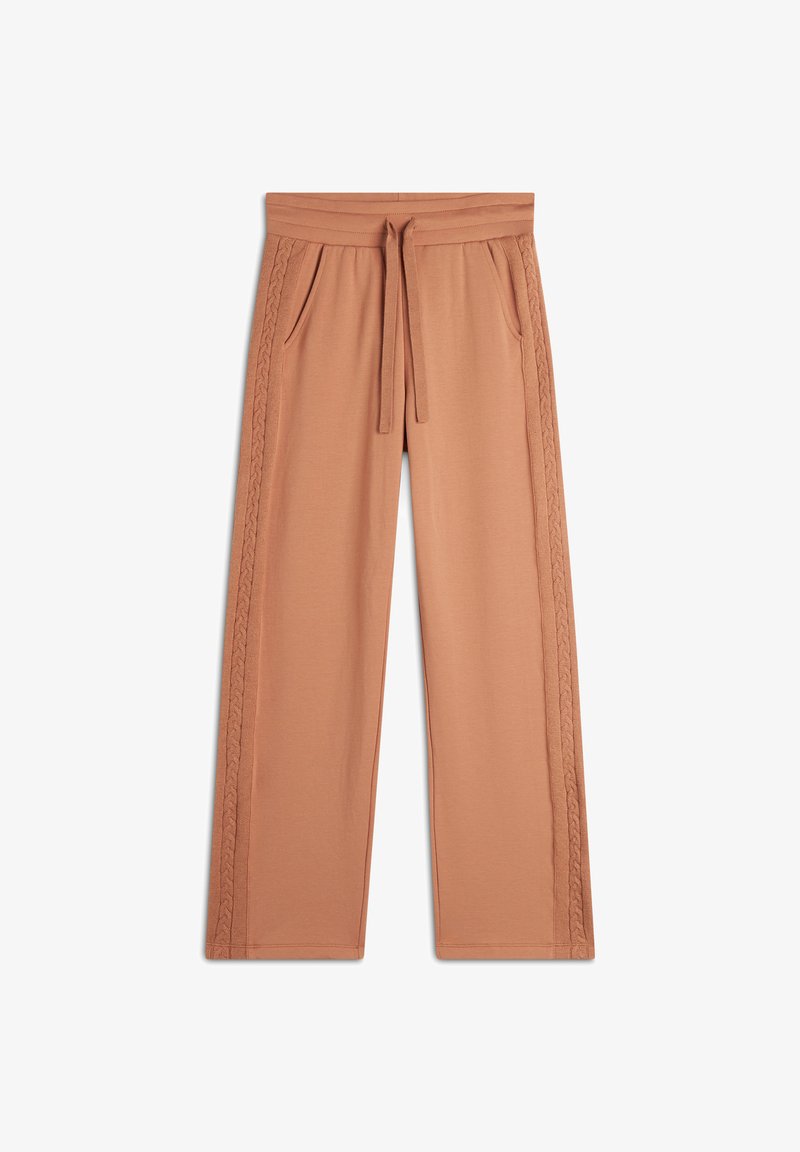 Pantaloni a gamba larga color pesca realizzati in tessuto morbido, con vita regolabile e dettagli laterali intrecciati. Inclusa una tasca su entrambi i lati.