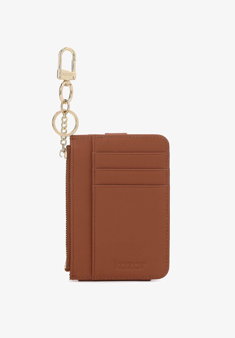 Brown leather wallet with a smooth texture, featuring four card slots, a zippered compartment, and a detachable gold-tone keychain.
