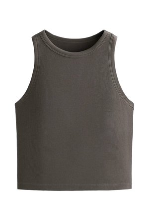 Bez rukávov, rebrovaný tmavosivý crop top s okrúhlym výstrihom a priliehavým strihom.