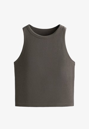 Ujjatlan, bordázott, sötétszürke crop top kerek nyakkivágással és testhez simuló kialakítással.