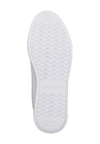 Schuhsohle mit einem Zickzack-Traktionsmuster, weißem Gummimaterial, geprägtem Markennamen "UNISA" und der Größe "35".