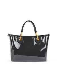 Borsa tote in vernice nera con accessori dorati, caratterizzata da manici doppi e dettagli arrotondati. Texture liscia e lucida con un design spazioso.