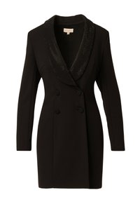 Czarna marynarka podwójnie zapinana z długimi rękawami i zdobionym, fakturowanym kołnierzem. Posiada dwa guziki i dopasowany krój.