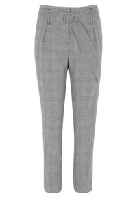 Grå rutiga byxor med hög midja och bälte, med raka ben och en texturerad tygeffekt.