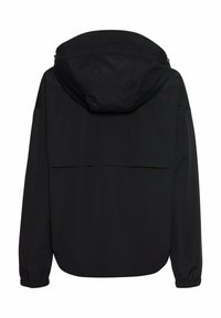 Zwarte hoodie met elastische manchetten, lichtgewicht stof en een achterste yoke-detail. Soepele textuur met een minimalistisch ontwerp.