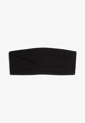 Top bandeau negro sin tirantes, hecho de un tejido suave y elástico. Presenta un diseño sencillo y sin costuras, sin adornos ni patrones.