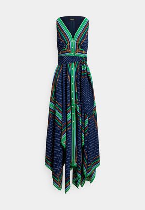 Ärmelloses marineblaues Kleid mit grün-braun gestreiftem und gepunktetem Muster, durchgehender Knopfleiste und asymmetrischem Saum.