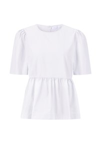 Hvid bomulds peplum-top med korte, puffede ærmer, rund halsudskæring og samlet talje. Glat tekstur, minimalistisk design.
