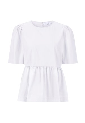 Witte katoenen peplumtop met korte pofmouwen, ronde halslijn en gerimpelde taille. Gladde textuur, minimalistisch ontwerp.