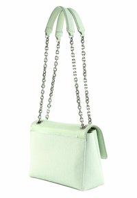 Borsa a mano verde chiaro con finitura testurizzata, caratterizzata da una forma strutturata, materiale in pelle, tracolla in catena e pelle, e motivo con logo.