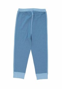 Blå bomuldsbukser til børn med elastisk talje, lyseblå manchetter og sidelister. Blød tekstur og lige ben design.