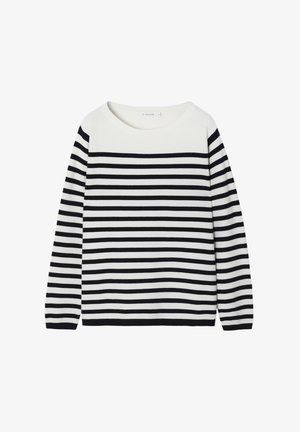 Črtasta jopica v kremni in mornarsko modri barvi, z dolgimi rokavi, rebrastim robom in okroglim ovratnikom, izdelana iz mehkega pletenega materiala.