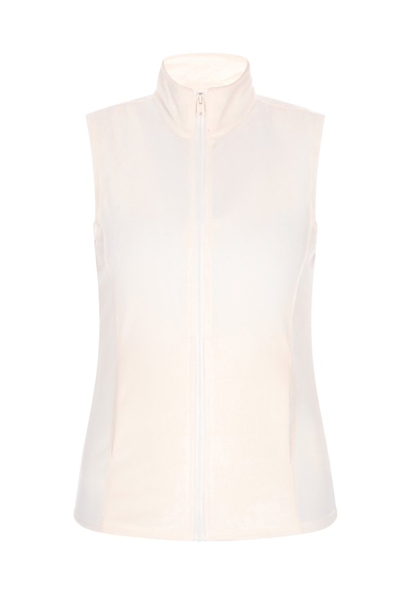Gilet senza maniche in crema chiaro, con colletto alto e zip frontale. Realizzato in un tessuto liscio e dalla trama leggermente lucida.