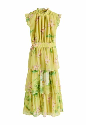 Robe jaune à étages avec col montant à volants, manches courtes à volants et imprimé floral doux rose et vert.