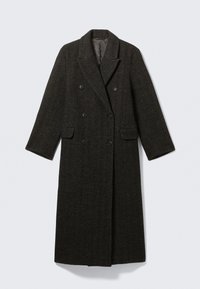 Dark herringbone-patterned wool coat with a double-breasted design, large lapels, and two front pockets. Long,straight cut.