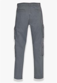 Grå cargo-bukser med lige ben, fire sidelommer og to baglommer. Lavet af robust stof med en glat tekstur.